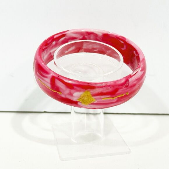 Pink Swirl Resin Bangle Bracelet Gold Hand Painted Sun Design Retro Boho Style - Picture 6 of 14